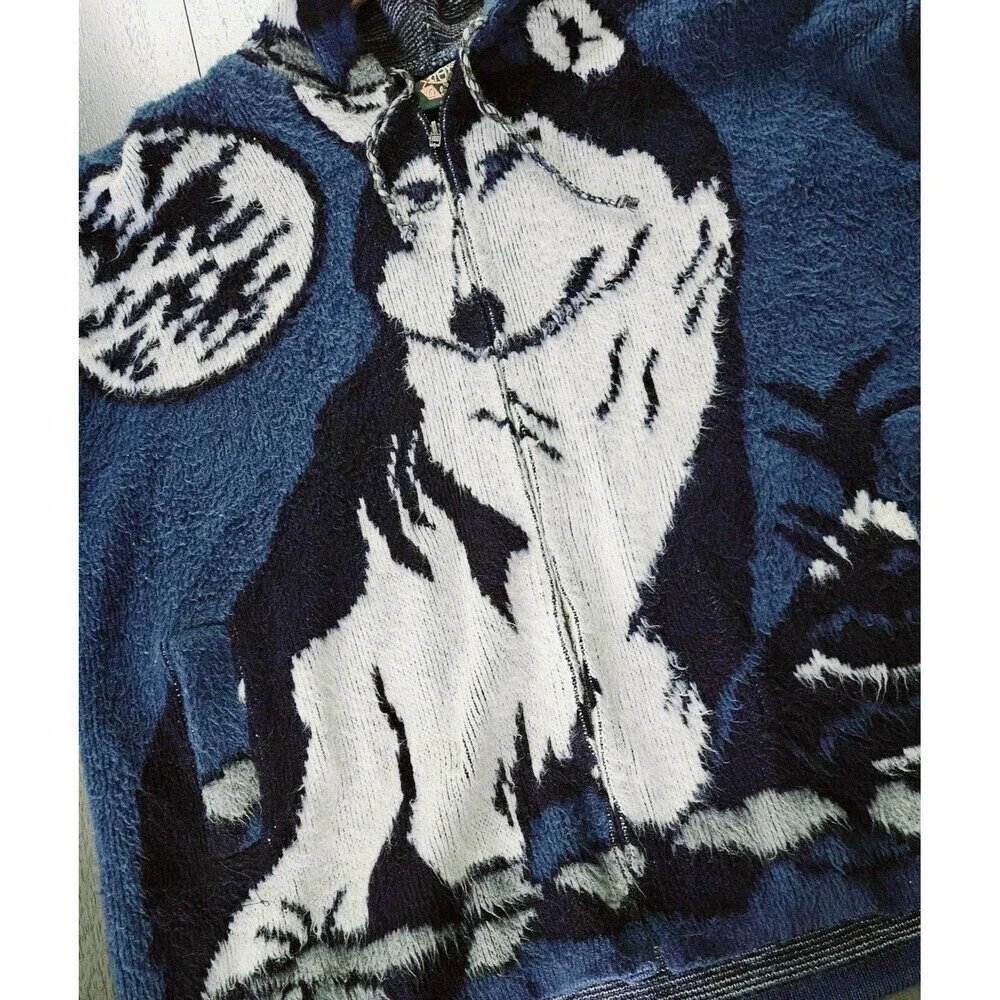 VTG GENESIS Blue Wolf Feather Hoodie Jacket Mens Large Full Zip Wool - Picture 5 of 11